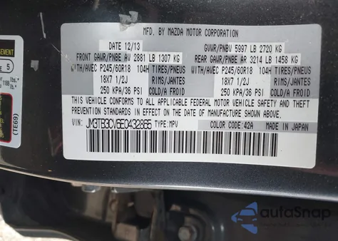 2014 Mazda Cx-9 Touring from USA, damaged, VIN JM3TB3CV6E0432865
